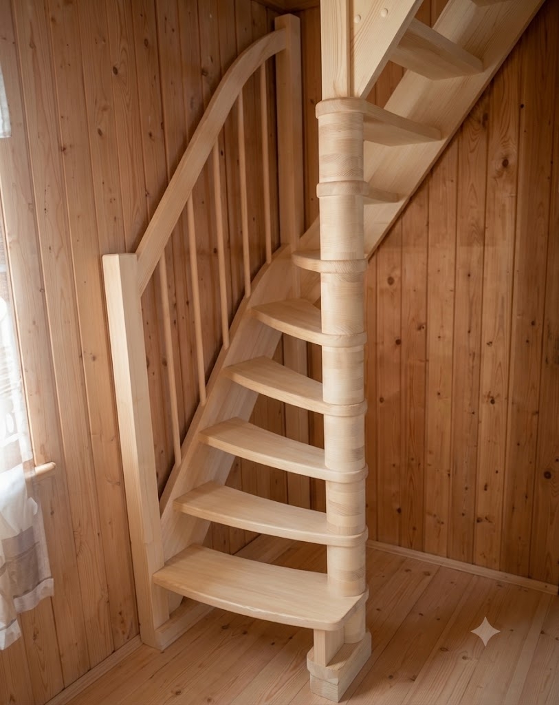 Узкая лестница экономварианта из массива для небольшого проема, фото 01
